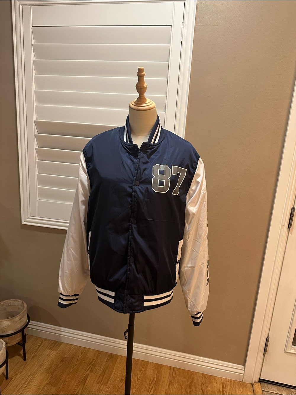 Aeropostale Navy and White Bomber Varsity Jacket with 87 Patch